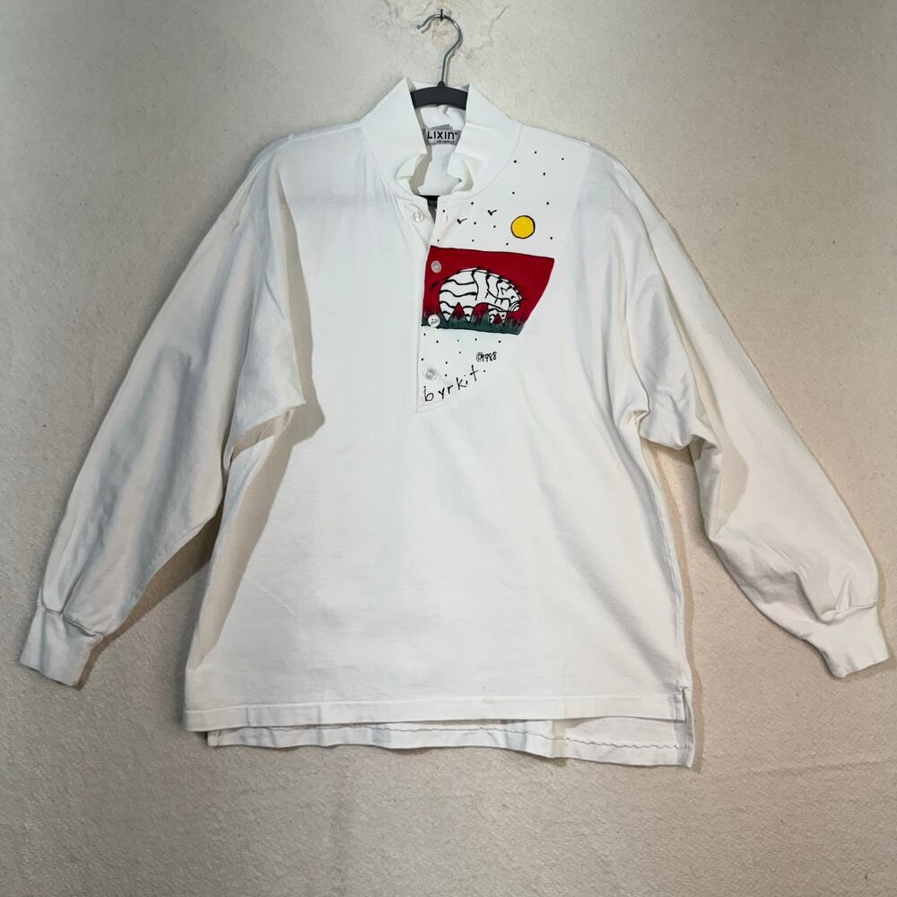 LIXIN Byrkit 88' Oversized Thick Cotton Zebra Henley Shirt 80s VTG Size Medium - Picture 1 of 8
